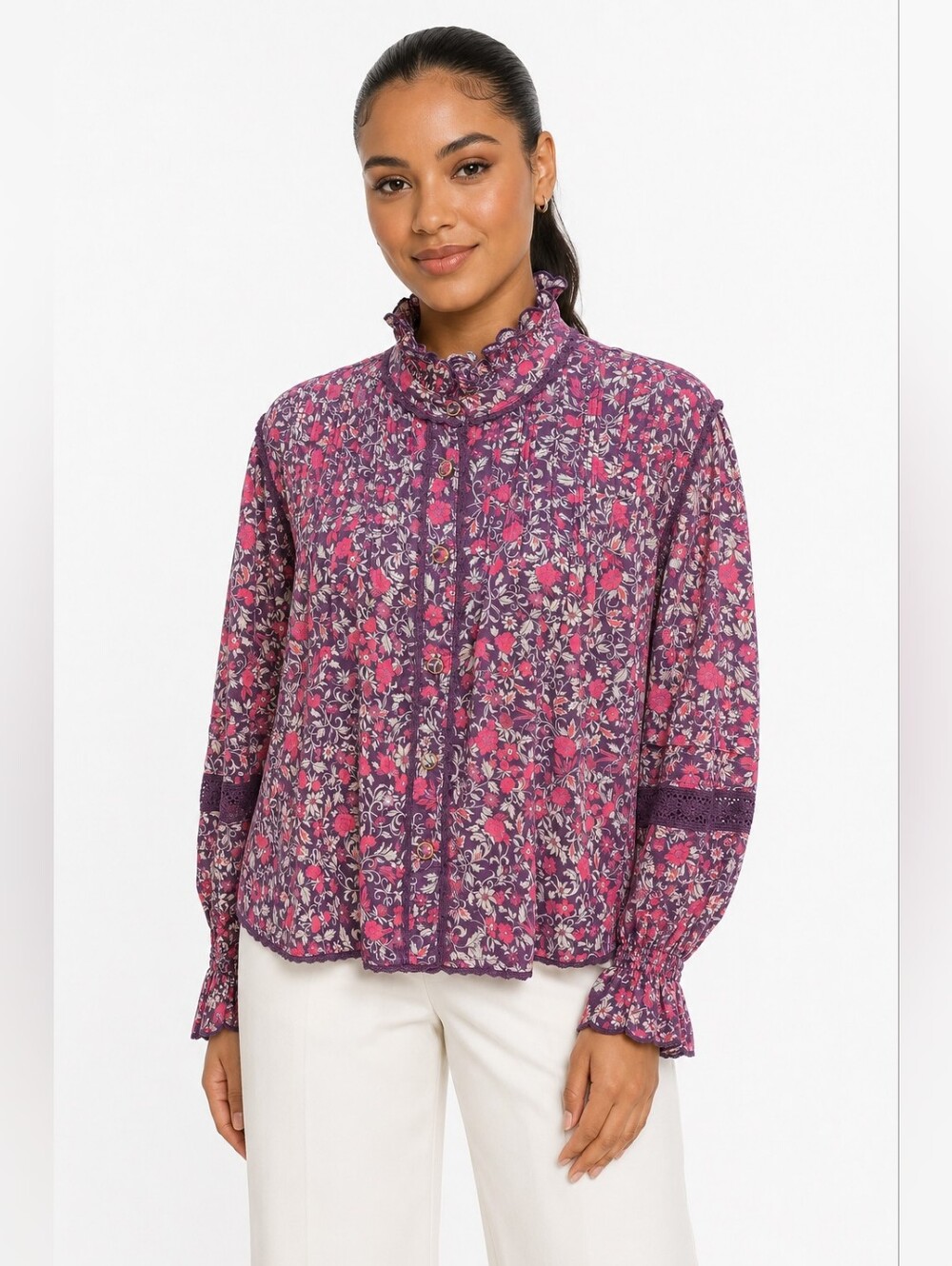 NWT Farm Rio Chelsea Garden Purple Floral Cotton Lace Blouse Size M